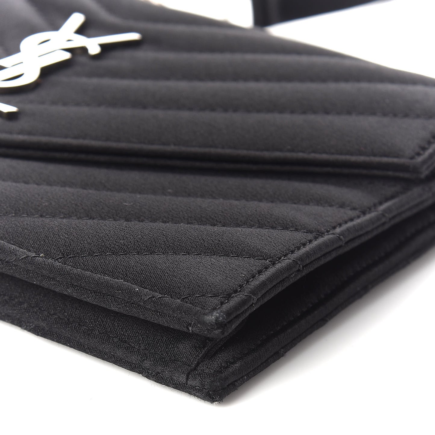 Satin Chevron Monogram Envelope Chain Wallet Black