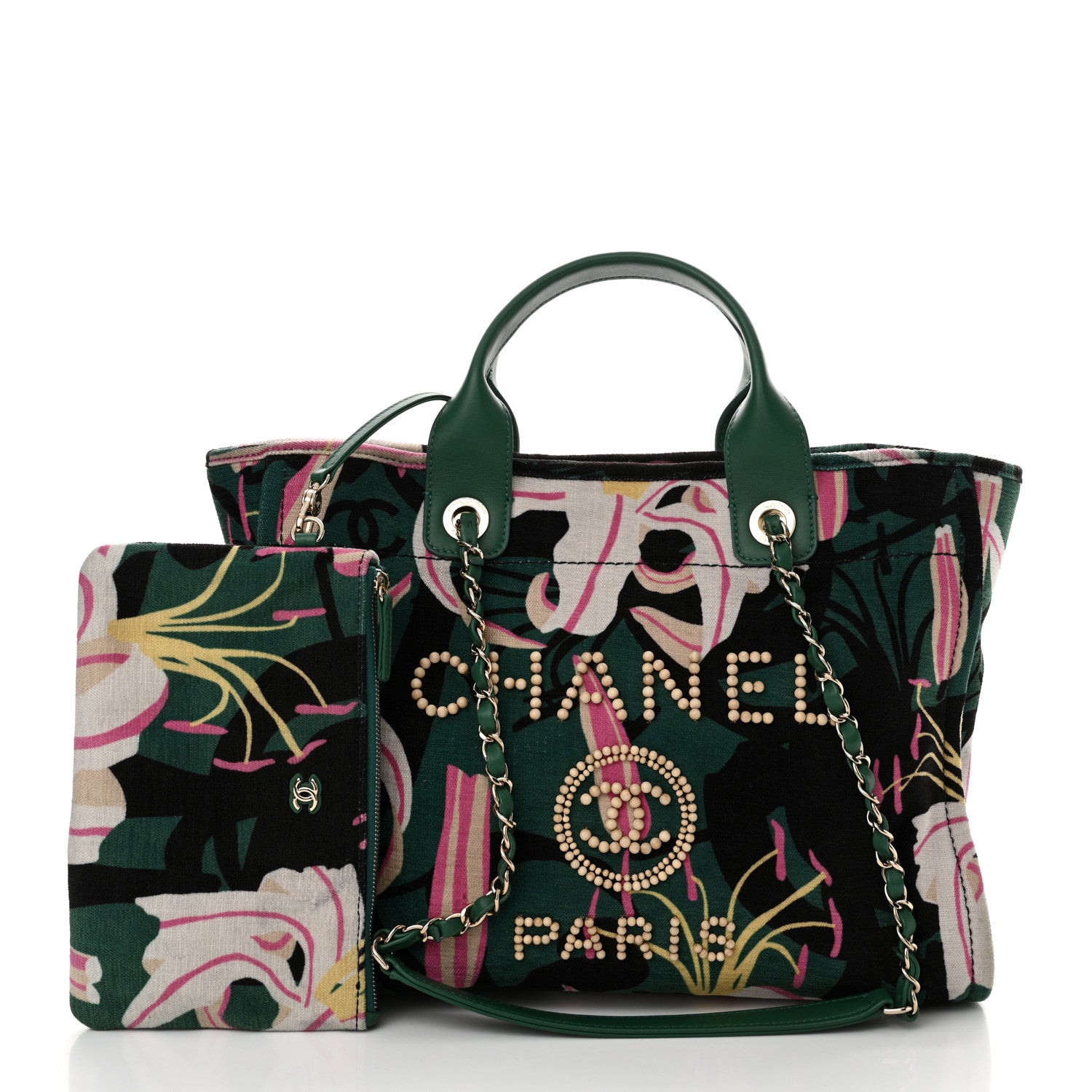 Chanel Velvet Calfskin Beaded Small Deauville Tote Pink Green Black 3 of 13