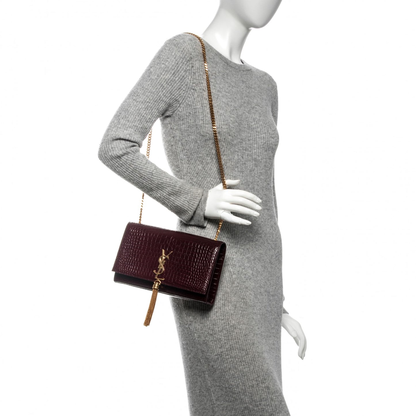 Calfskin Crocodile Embossed Medium Classic Monogram Kate Tassel Satchel Dark Red