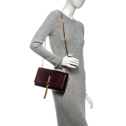 Saint Laurent Calfskin Crocodile Embossed Medium Classic Monogram Kate Tassel Satchel Dark Red 2 of 6