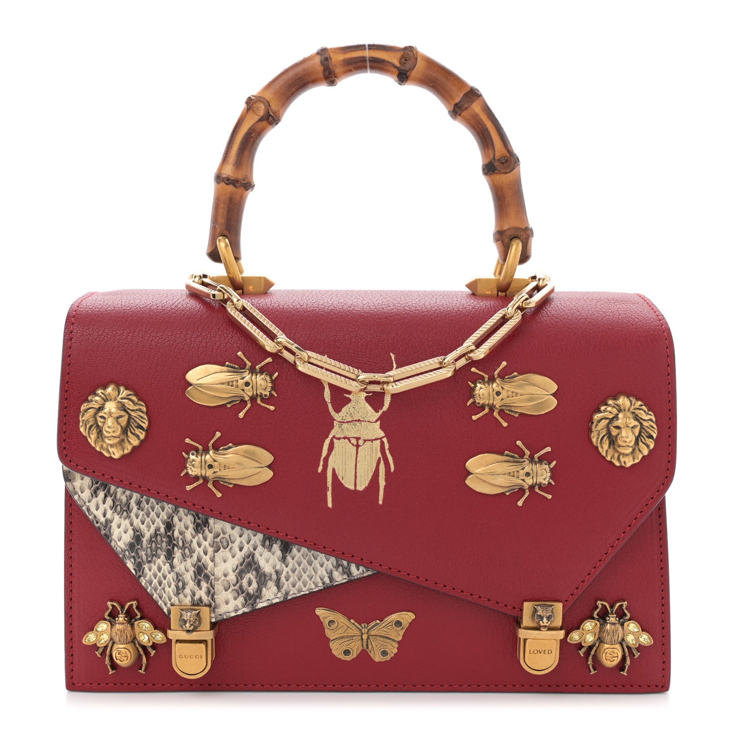 Gucci Calfskin Snakeskin Studded Small Ottilia Top Handle Bag Hibiscus Red 1 of 13