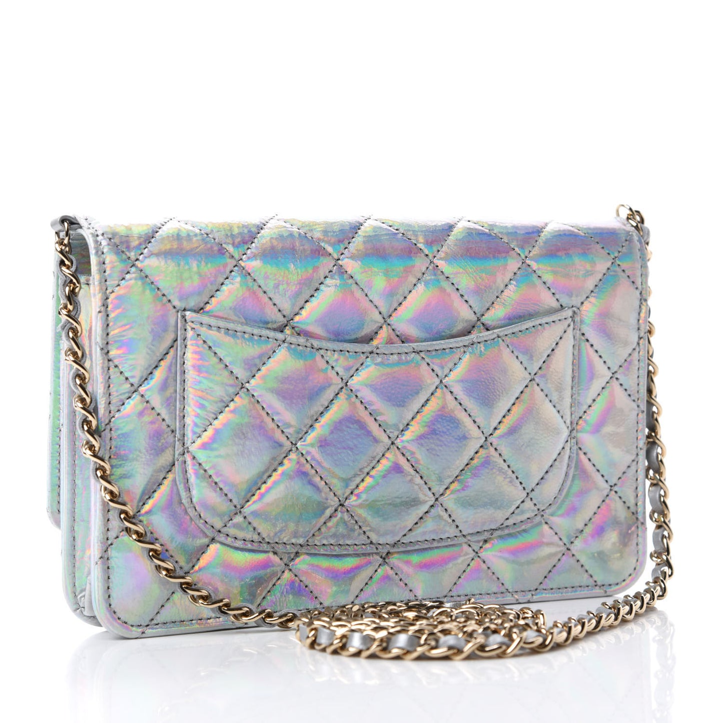 Iridescent Goatskin Quilted Wallet On Chain WOC Silver