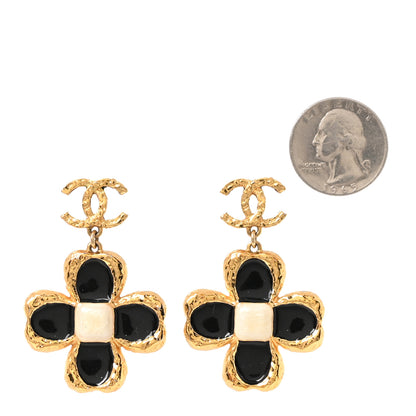 Chanel Resin Metal Glass CC Clover Drop Earrings Gold Black White 2 of 5