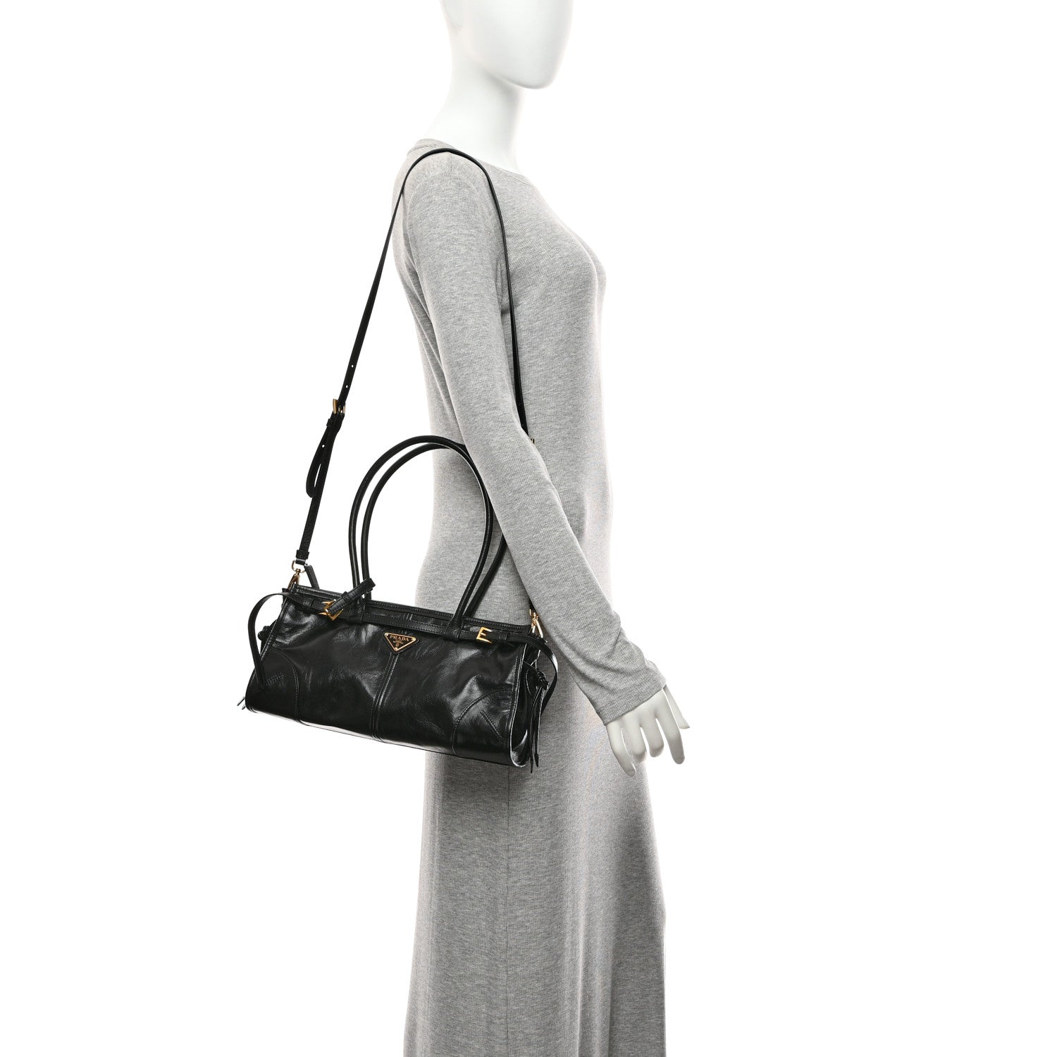 Prada Glossy Calfskin Triangle Medium Bonnie Shoulder Bag Black 2 of 10