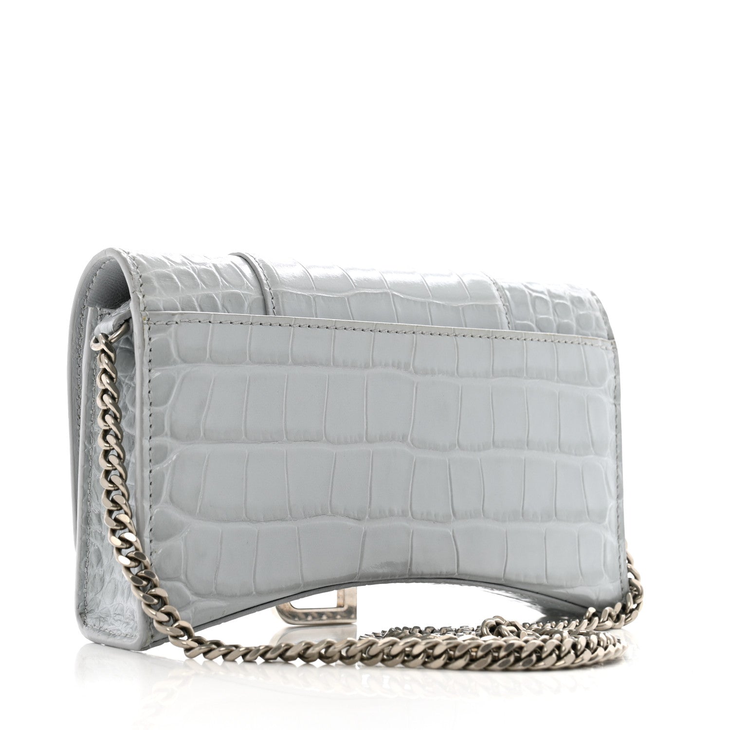 Balenciaga Shiny Metallic Calfskin Crocodile Embossed Hourglass Chain Bag Ash Blue 3 of 11