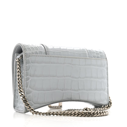 Balenciaga Shiny Metallic Calfskin Crocodile Embossed Hourglass Chain Bag Ash Blue 3 of 11