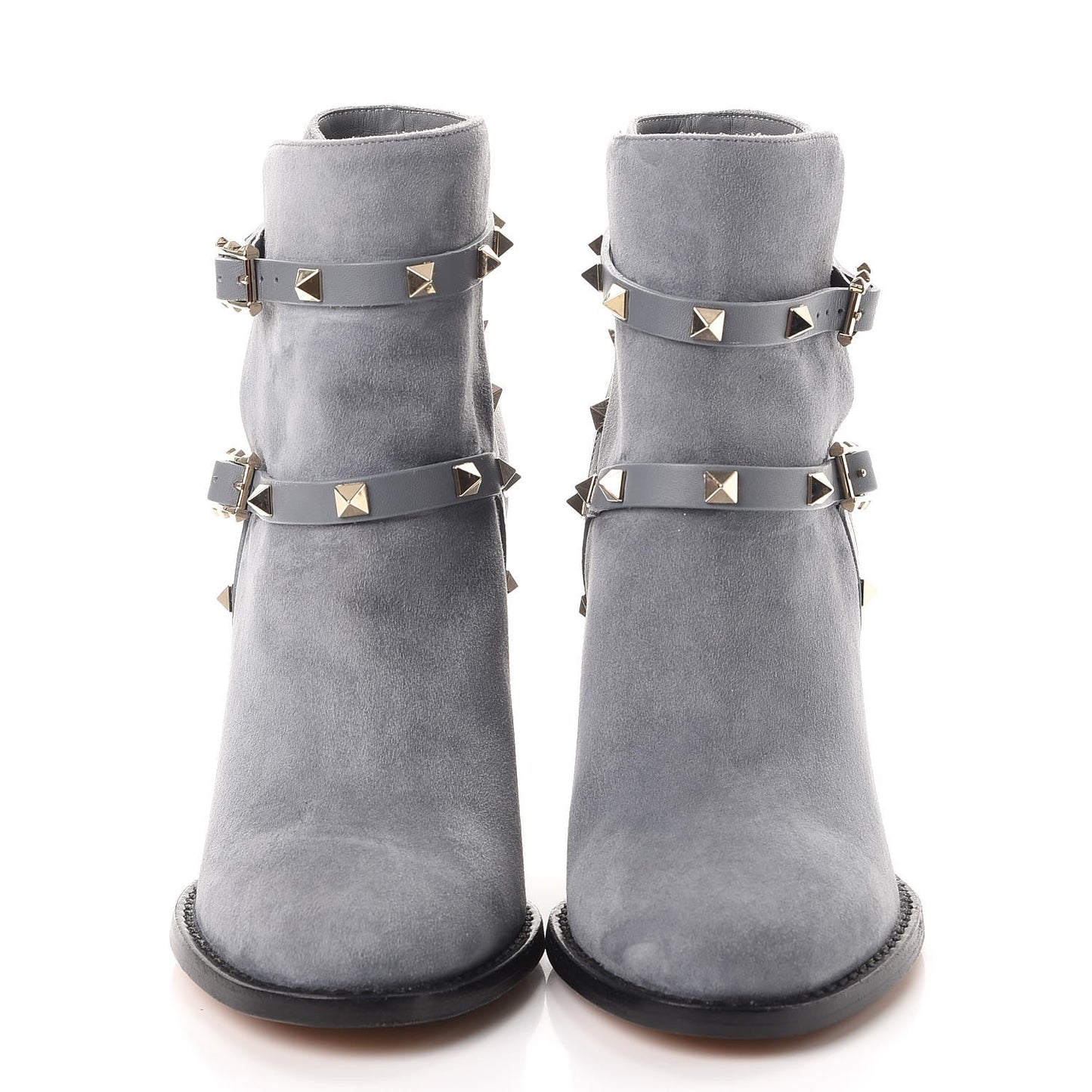 Suede Rockstud Double Buckle 100mm Block Heel Ankle Boots 38.5 Light Stone