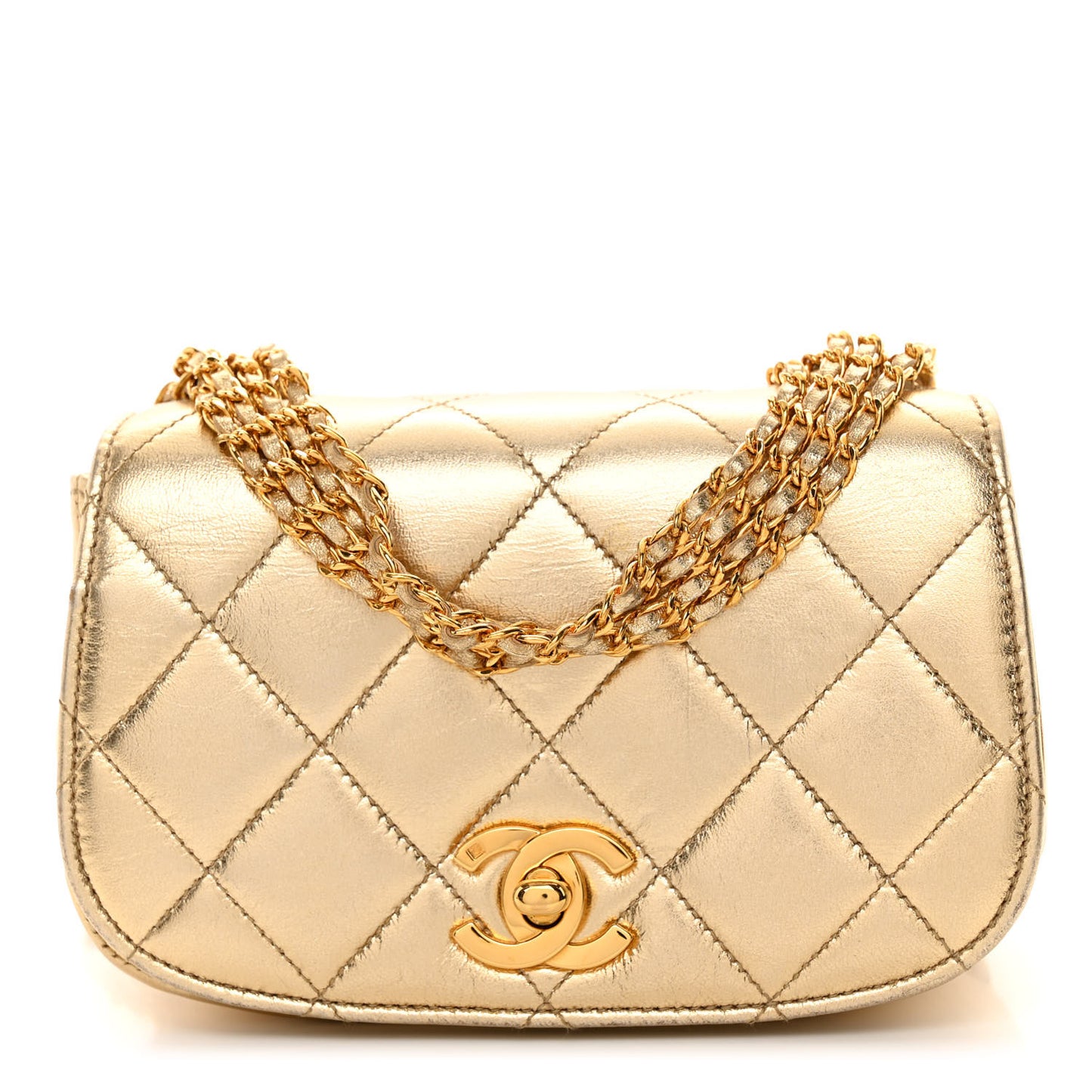 Metallic Lambskin Quilted Multi Chain Single Flap Gold