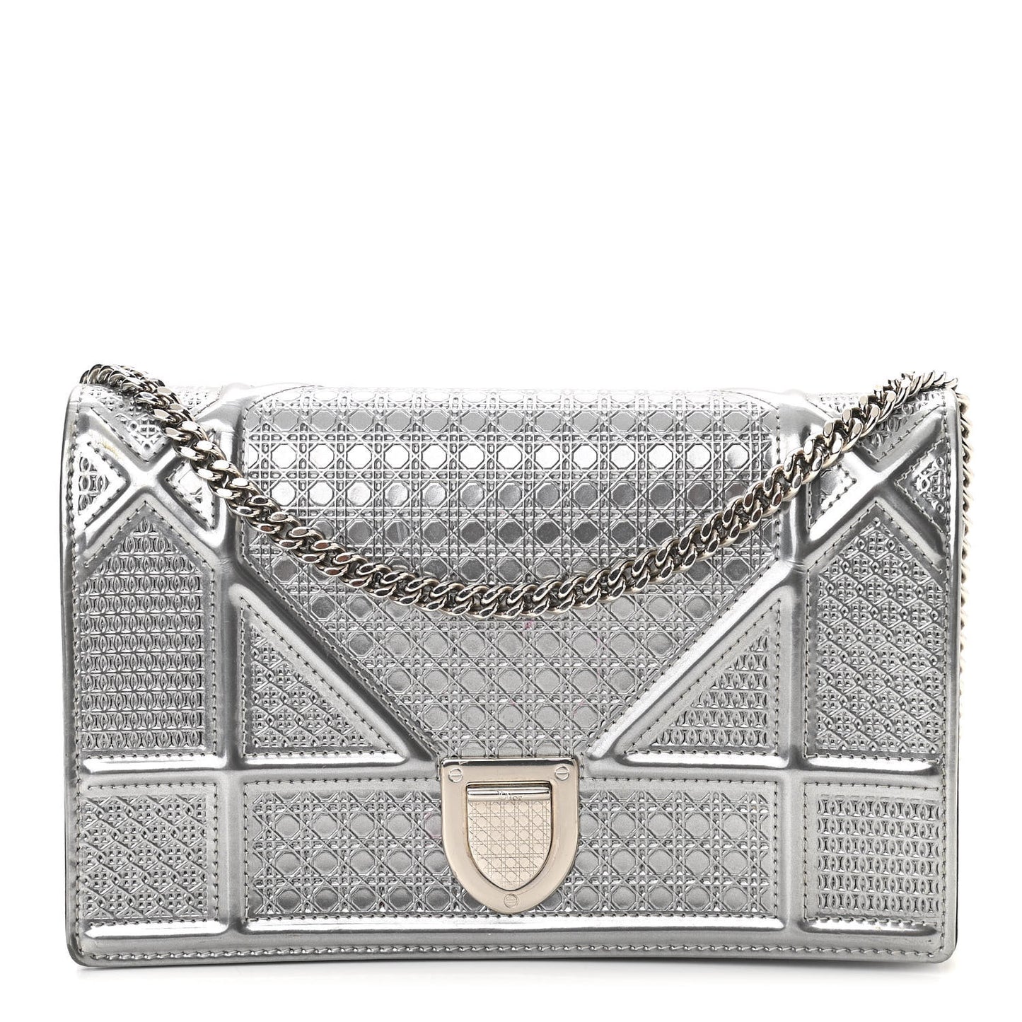 Metallic Patent Micro-Cannage Diorama Wallet on Chain Pouch Silver