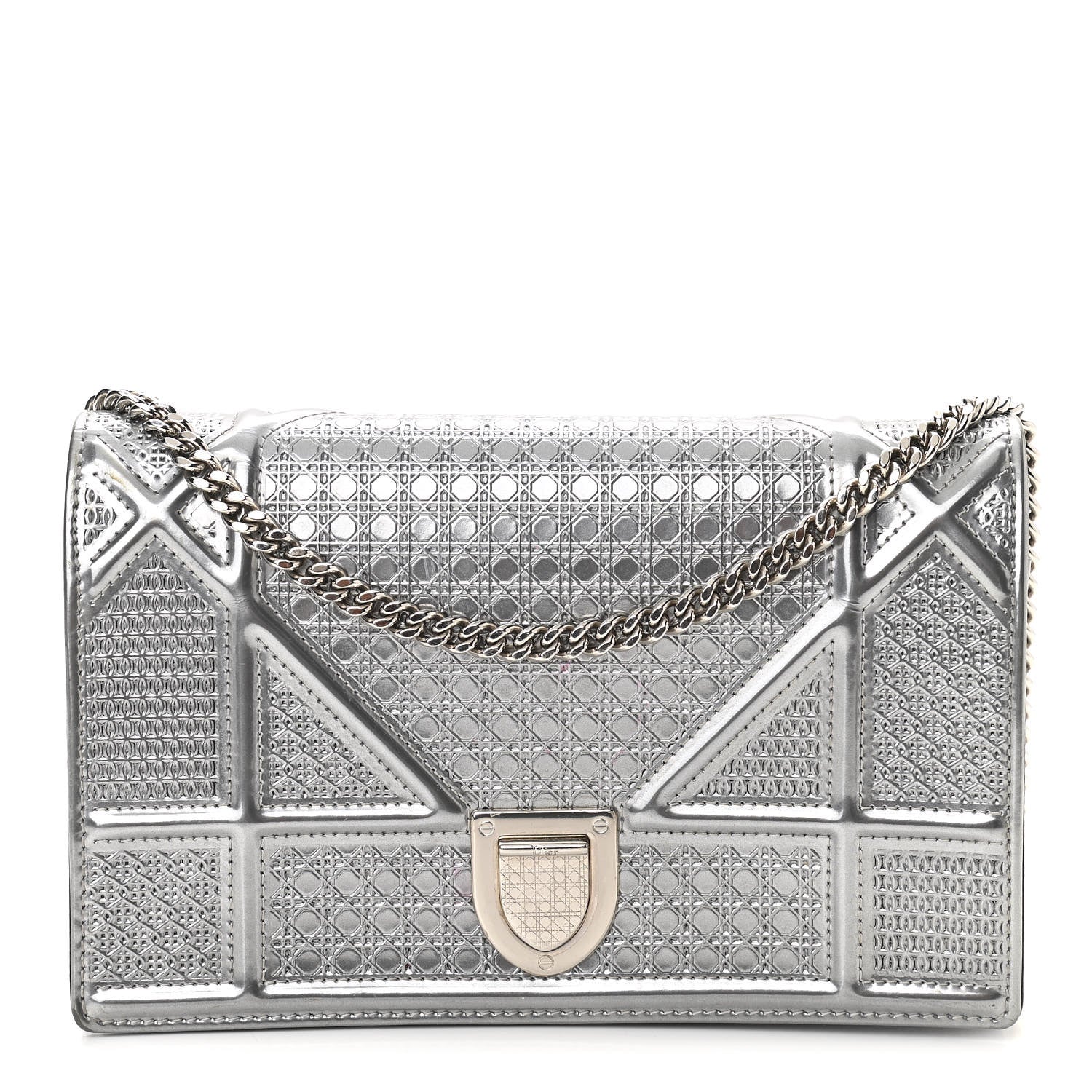 Christian Dior Metallic Patent Micro-Cannage Diorama Wallet on Chain Pouch Silver 1 of 10