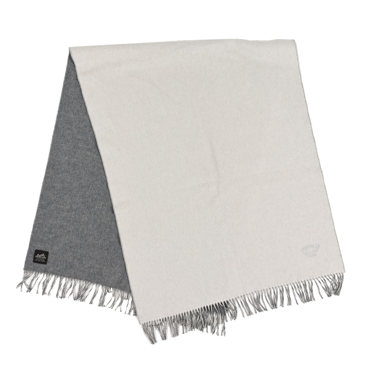 Cashmere Fringe Double Face Scarf Gris Flanelle Ivoire