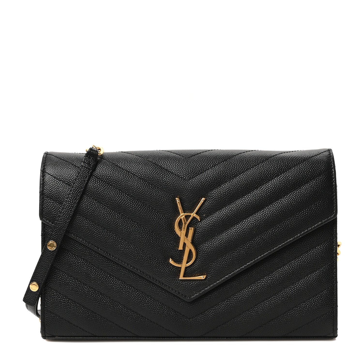 Saint Laurent Grain De Poudre Matelasse Chevron Monogram Envelope Chain Wallet Black 1 of 10