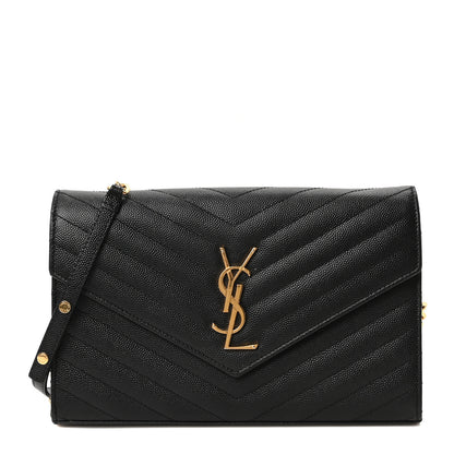 Saint Laurent Grain De Poudre Matelasse Chevron Monogram Envelope Chain Wallet Black 1 of 10
