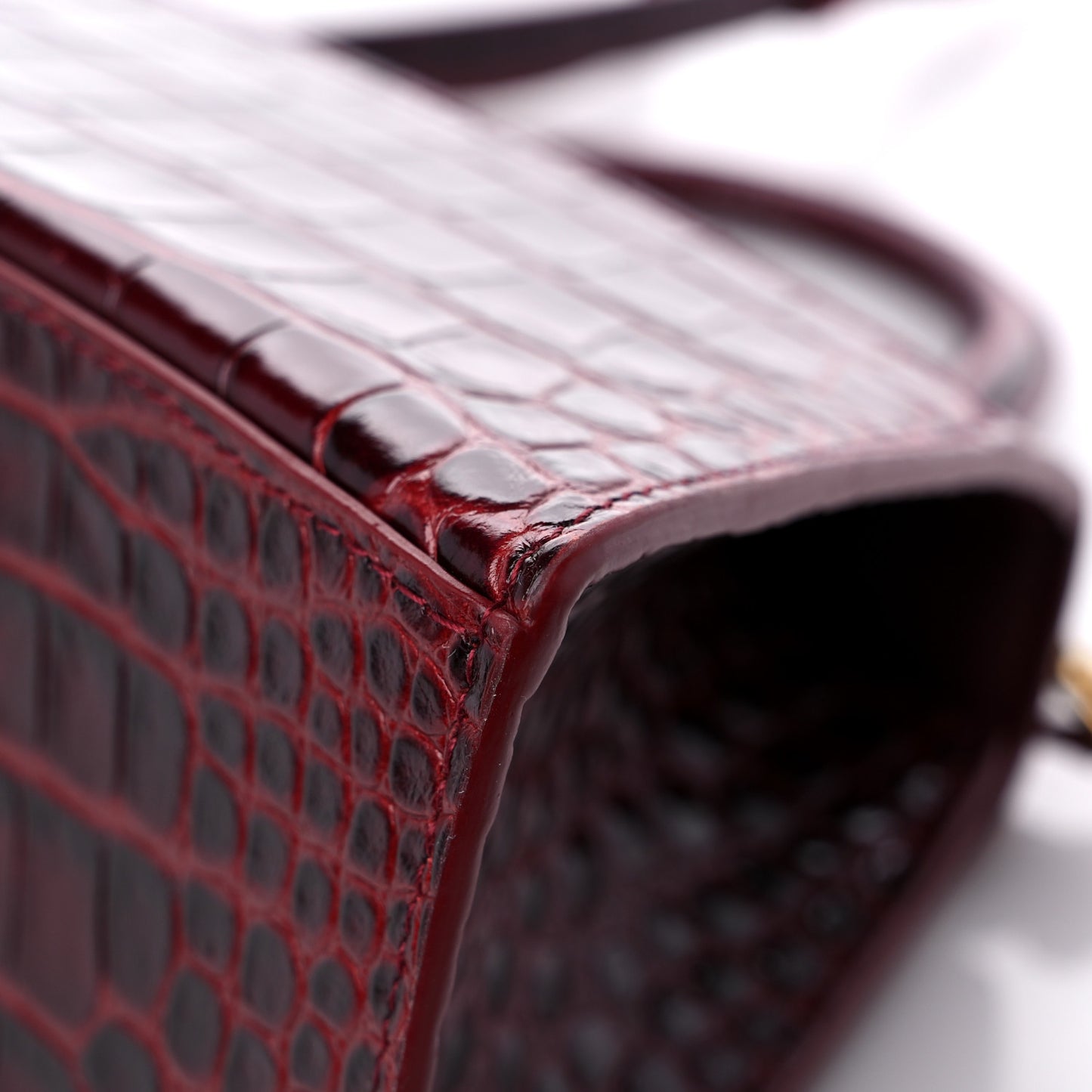 Shiny Calfskin Crocodile Embossed Small Hourglass Top Handle Bag Dark Red