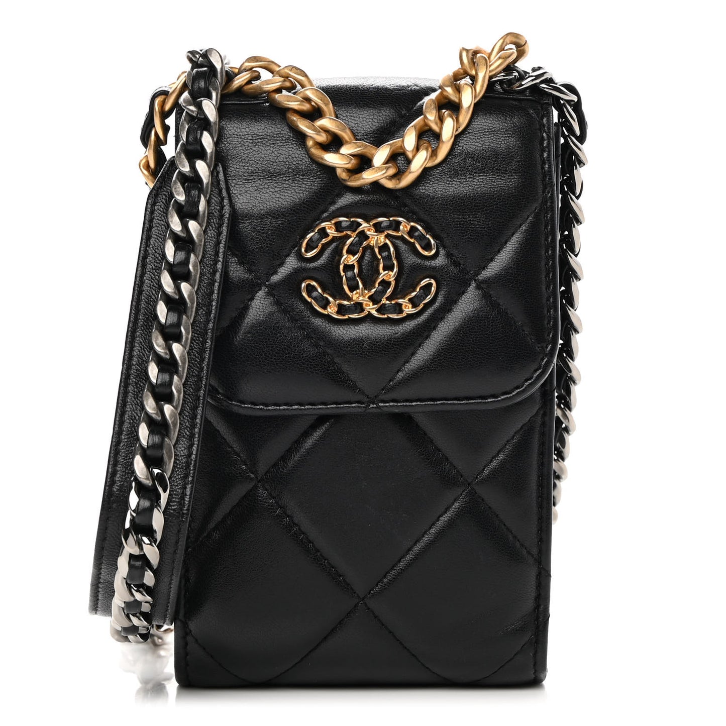 Lambskin Quilted Chanel 19 Phone Holder With Chain Black