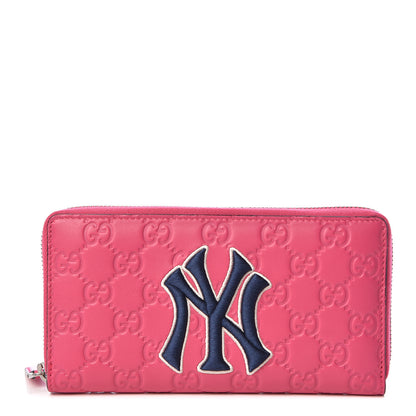 Gucci X MLB Guccissima Signature NY Yankees Embroidered Zip Around Wallet Box Pink Blue Ivory 1 of 7