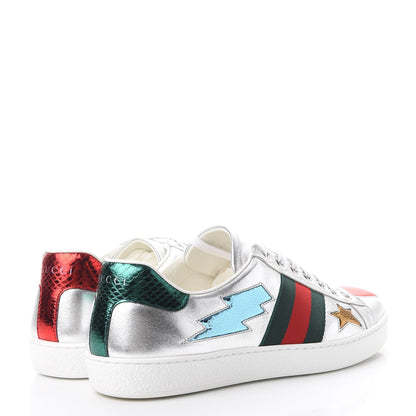 Gucci Metallic Nappa Ayers Web Lightning Bolt Embroidered Mens Ace Sneakers 9.5 Silver 4 of 12