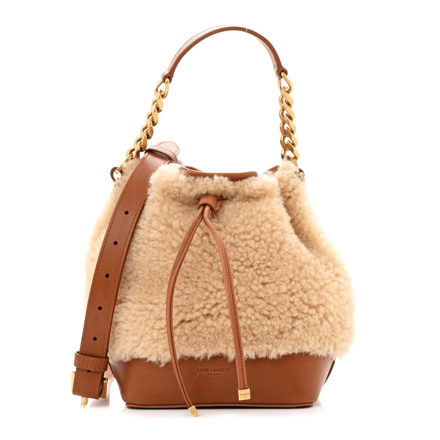Shearling Calfskin Small Emmanuelle Bucket Bag Natural Beige Brick