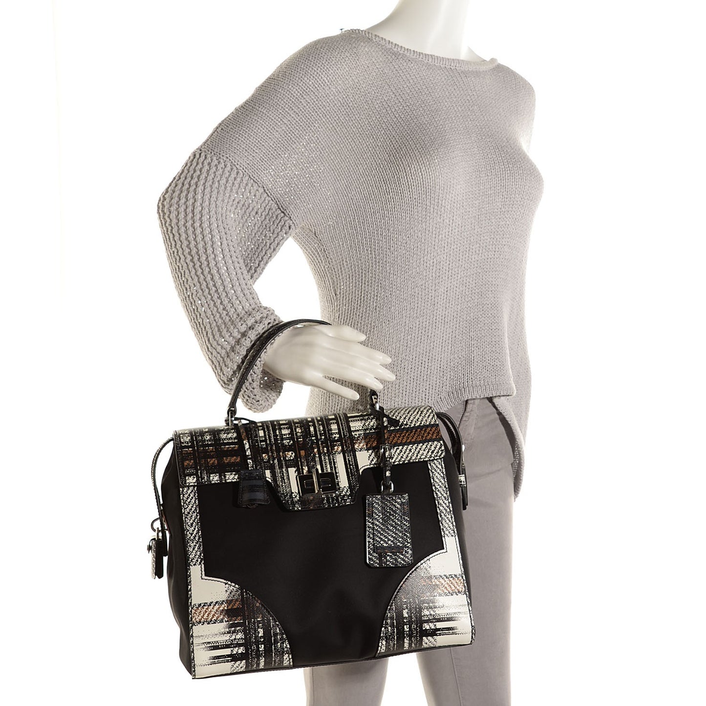 Tessuto Nylon Saffiano Tartan Print Satchel Bianco Dis Tartan