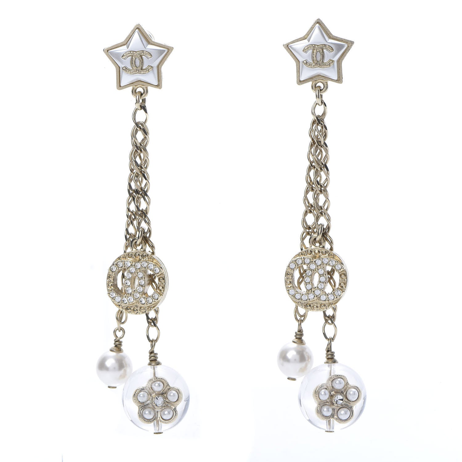 Chanel Crystal Pearl Resin CC Star Dangle Earrings Gold 1 of 5