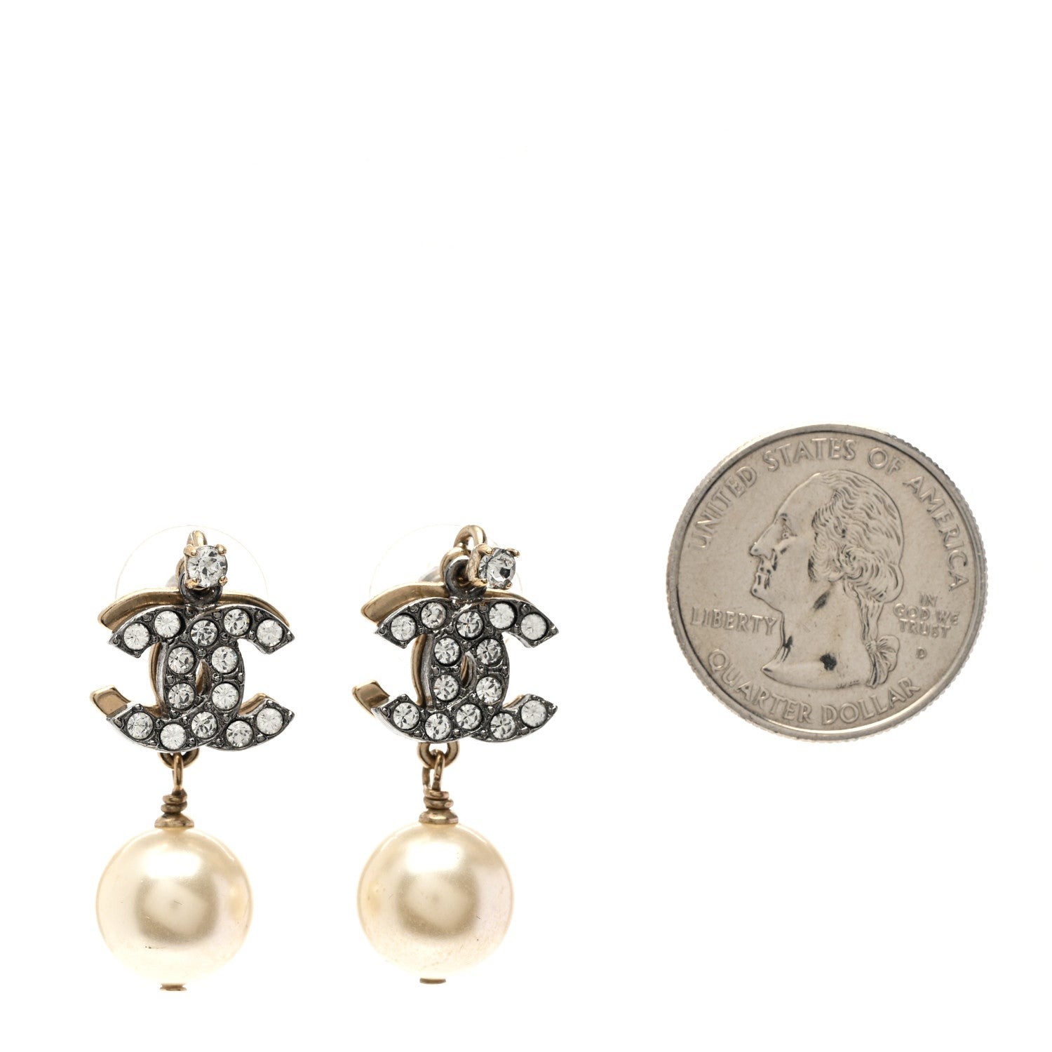 Chanel Ruthenium Crystal Pearl Double CC Drop Earrings Gold Pearly White 2 of 4