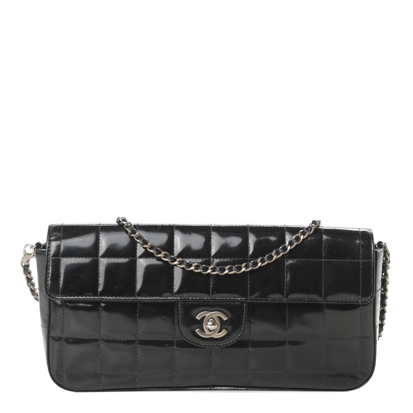 Patent Quilted East West Chocolate Bar Flap Black