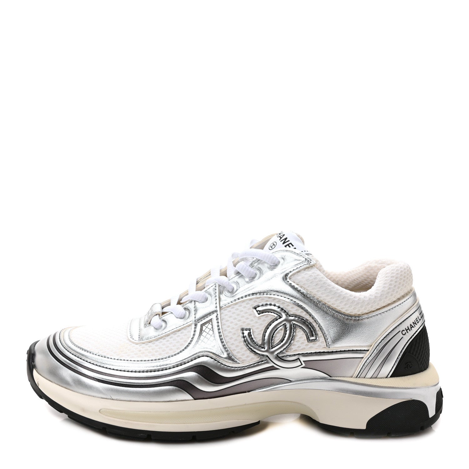 Chanel Fabric Laminated Calfskin Stretch CC Sneakers 40.5 White Silver 1 of 9