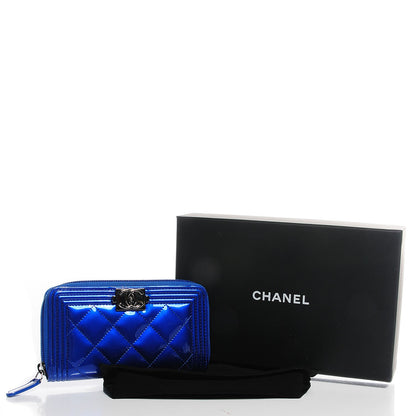 Chanel Metallic Patent Quilted Boy Zip Around Wallet Blue 5 of 9