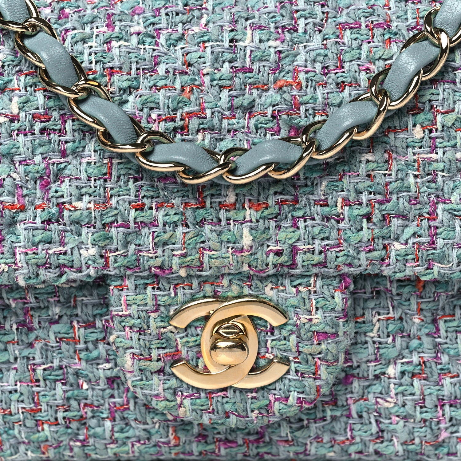 Chanel Tweed Quilted Mini Rectangular Flap Turquoise Purple White Red 8 of 13