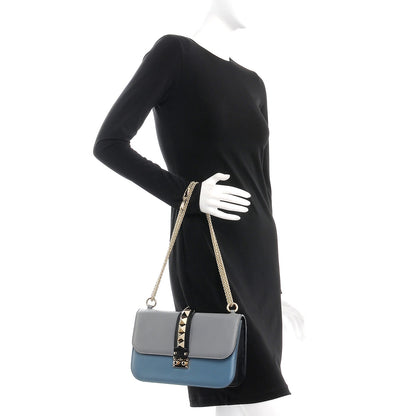 Valentino Garavani Vitello Tri-Color Medium Glam Lock Rockstud Flap Grey Blue Black 3 of 8