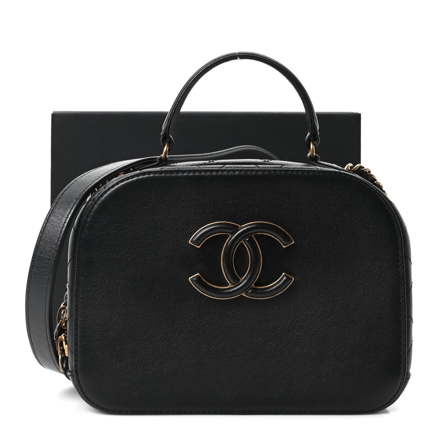 Shiny Calfskin Goatskin Small Coco Curve Vanity Bag Black