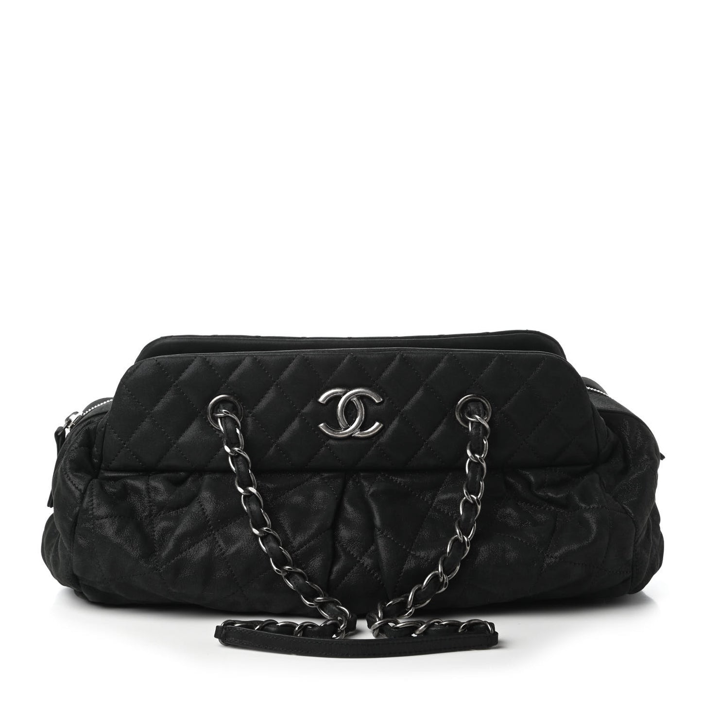 Iridescent Calfskin Chic Quilt Bowling Bag Black