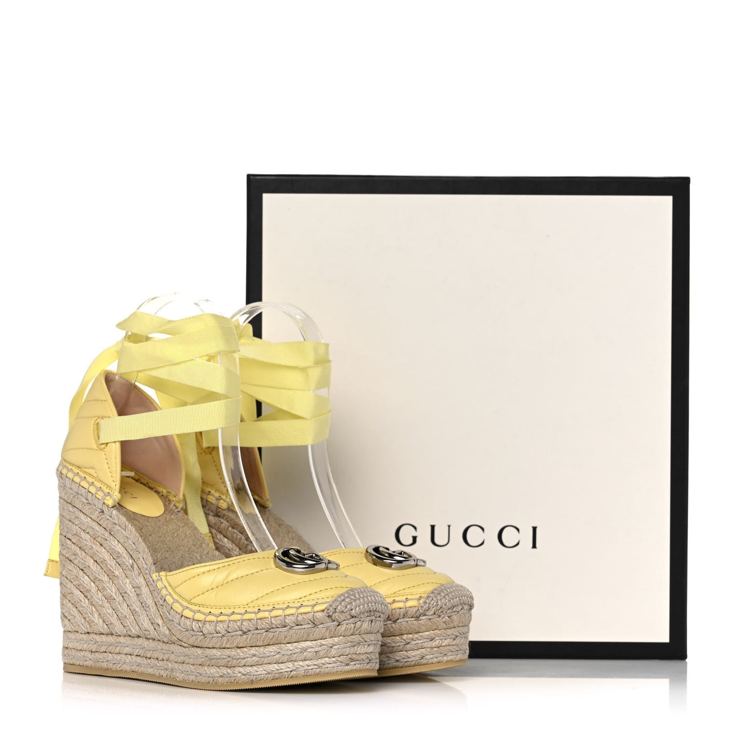 Nappa Matelasse GG Marmont Ankle Wrap Platform Espadrille Wedges 37.5 Banana