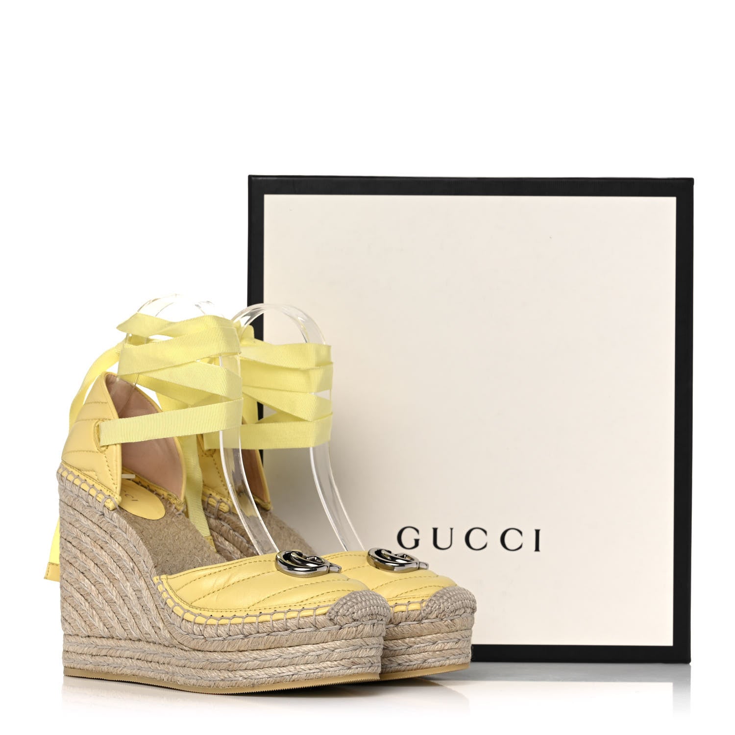 Gucci Nappa Matelasse GG Marmont Ankle Wrap Platform Espadrille Wedges 37.5 Banana 10 of 10