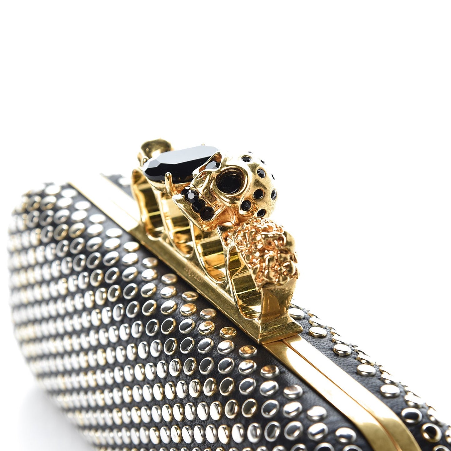Lambskin Studded Skull Knuckle Box Clutch Black