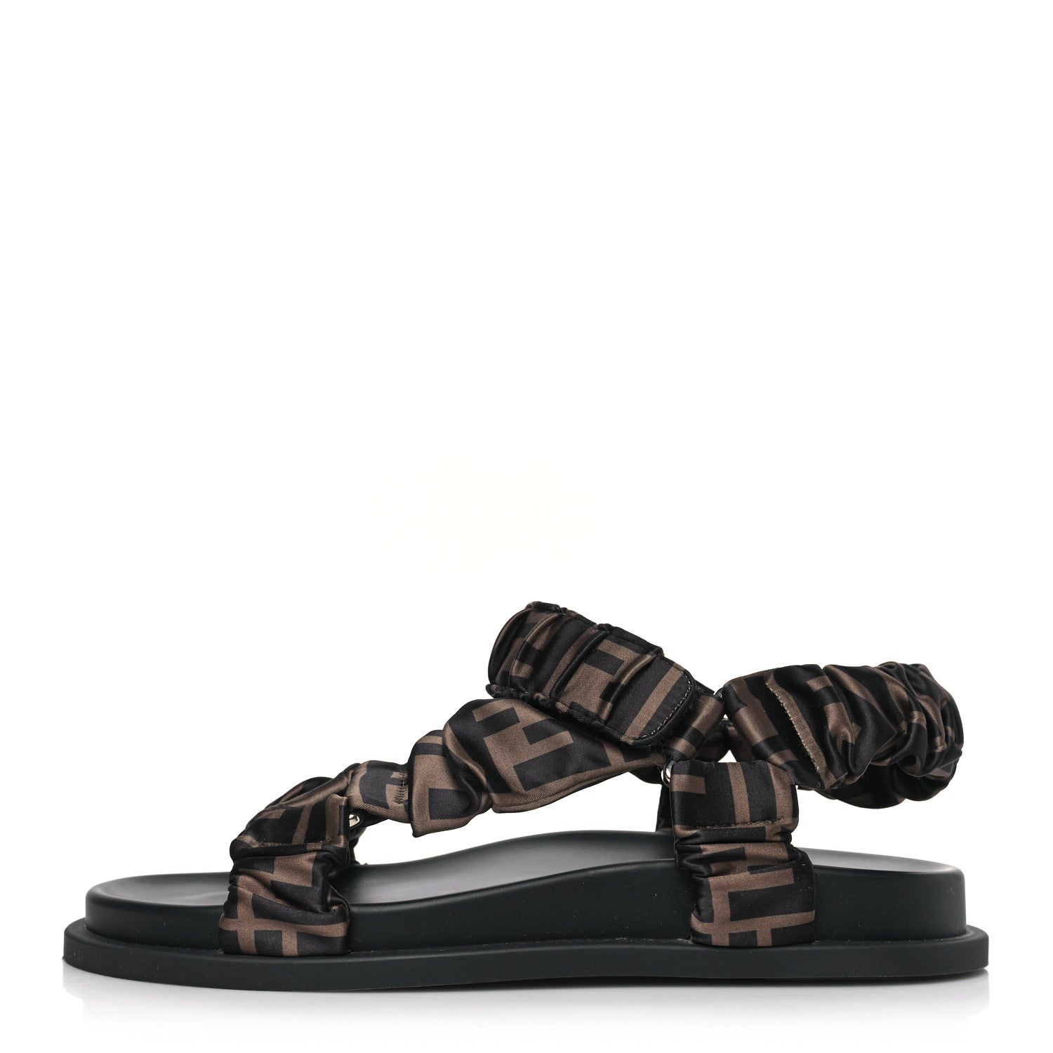 Fendi Satin FF Ruched Sandals 37 Tobacco Black 1 of 7