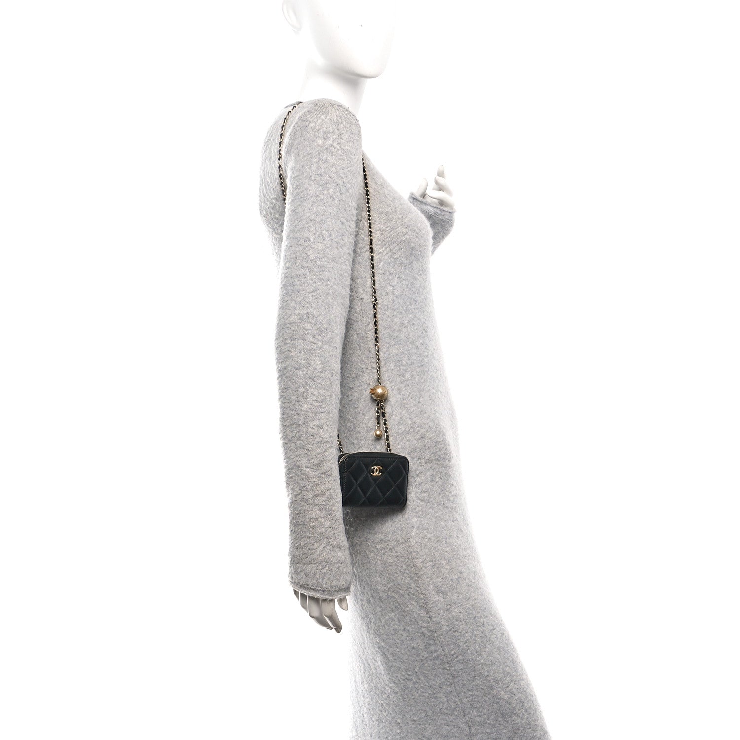 Chanel Lambskin Quilted CC Pearl Crush Zip Card Holder On Chain Black 2 of 10