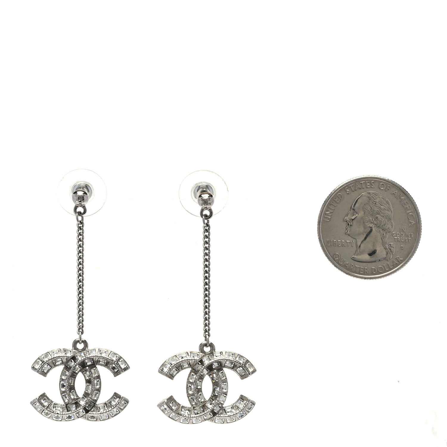 Chanel Baguette Crystal CC Drop Earrings Silver 2 of 5