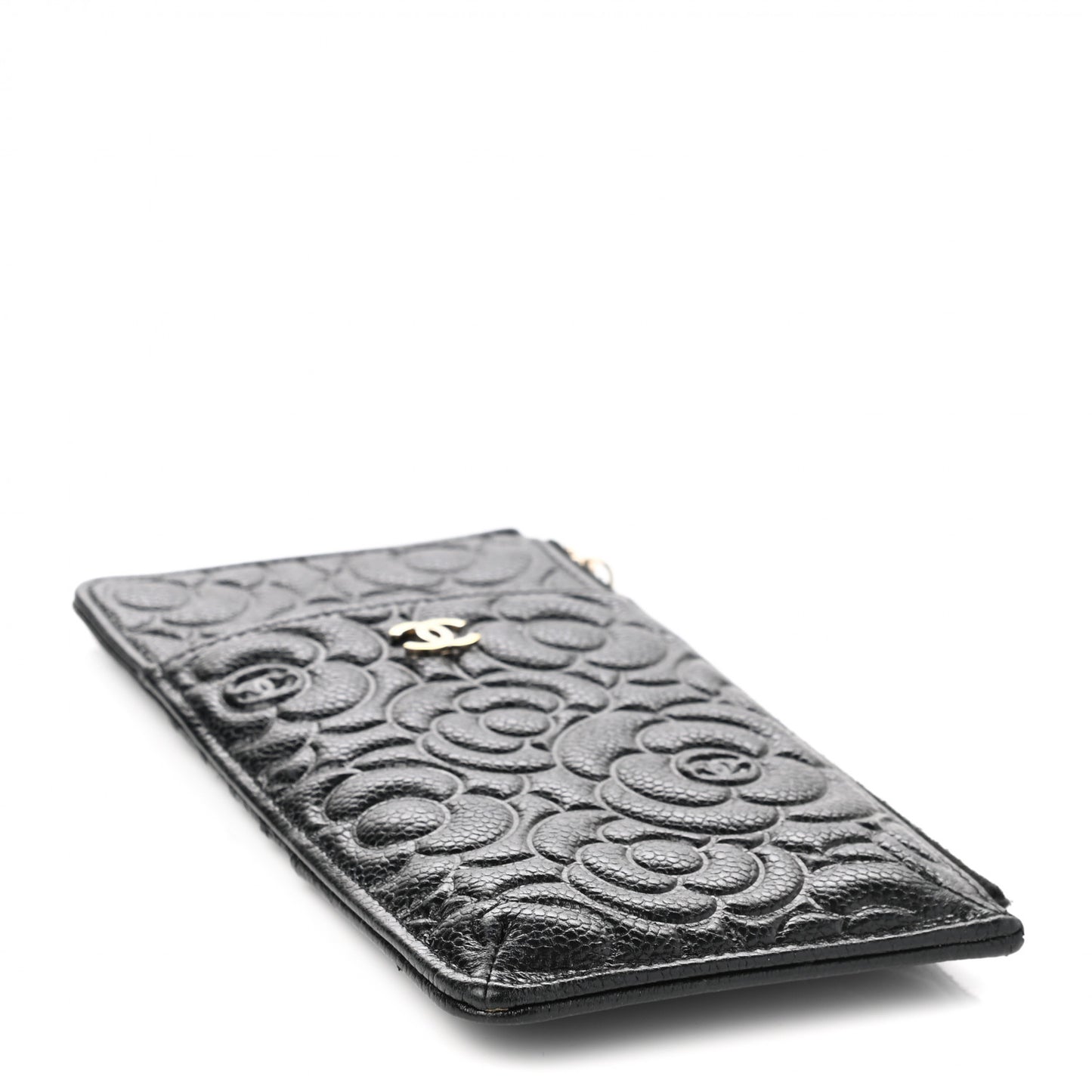 Caviar Camellia Embossed Classic Flat Wallet Pouch Black