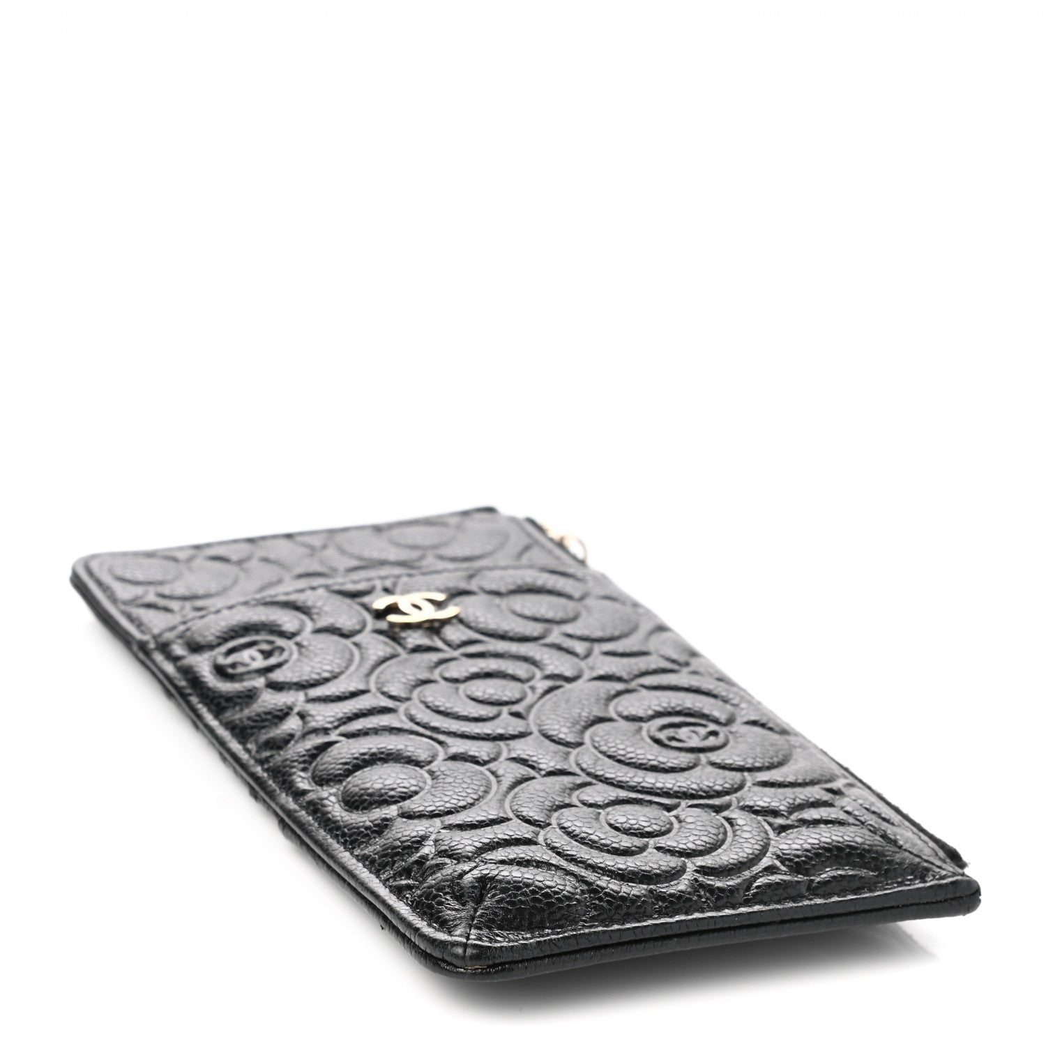 Chanel Caviar Camellia Embossed Classic Flat Wallet Pouch Black 3 of 8