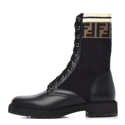 Fendi Calfskin Stretch Fabric Rockoko Biker Boots 40 Tobacco Black Marino 1 of 10