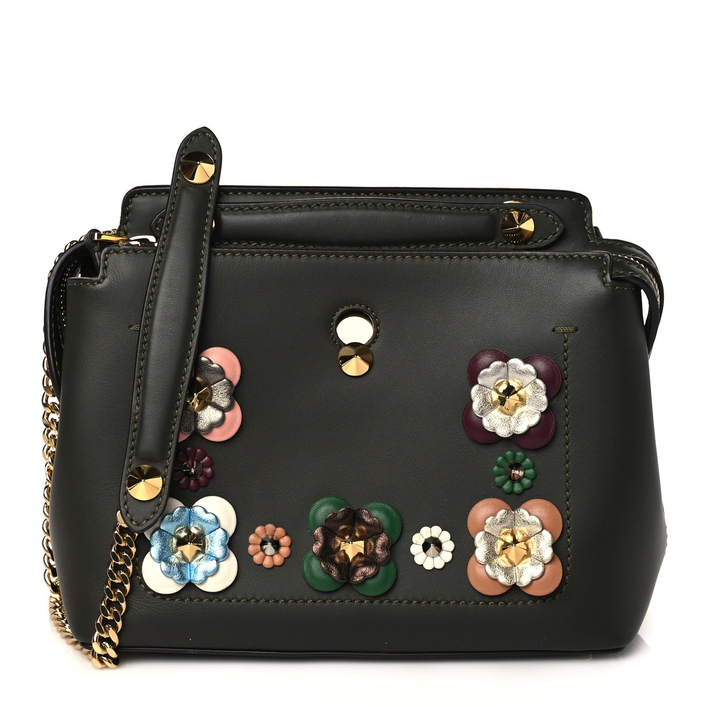 Vitello Baltico Nappa Flowerland Studded Small Dotcom Click Chain Satchel Verde Prato Multicolor