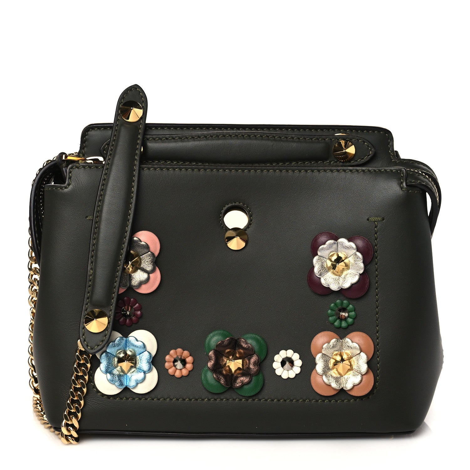 Fendi Vitello Baltico Nappa Flowerland Studded Small Dotcom Click Chain Satchel Verde Prato Multicolor 1 of 11