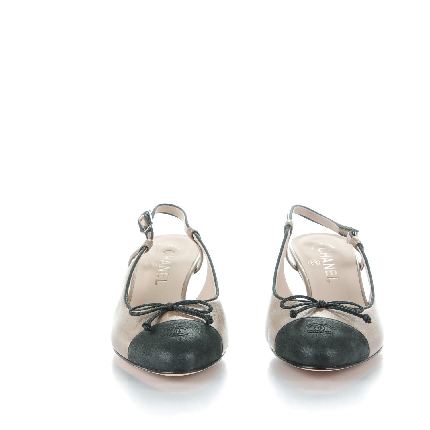 Chanel Metallic Lambskin Cap Toe CC Slingback Heels 38.5 Bronze Black 2 of 7
