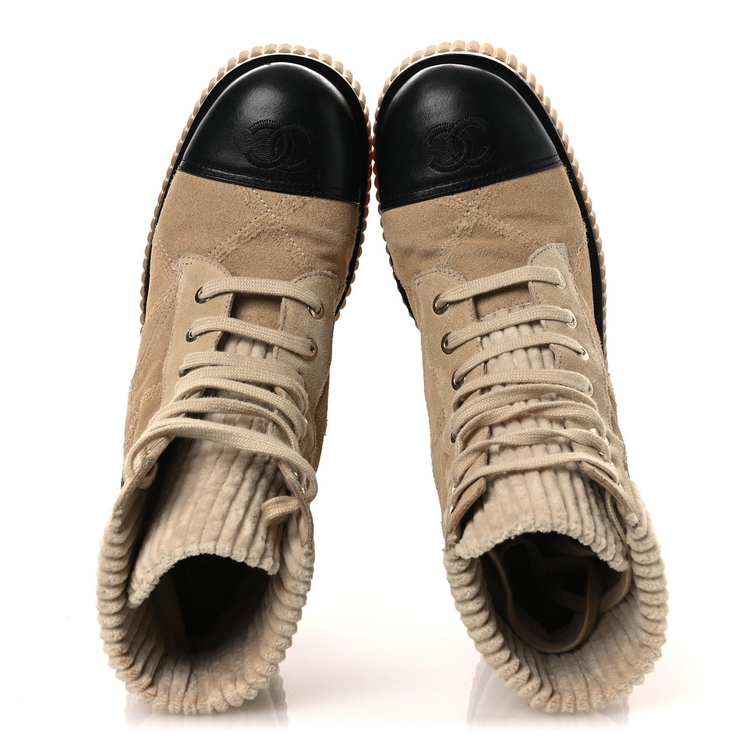 Chanel Suede Calfskin Velvet Quilted CC Combat Boots 37.5 Beige Black 2 of 14