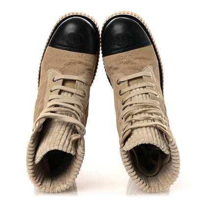 Chanel Suede Calfskin Velvet Quilted CC Combat Boots 37.5 Beige Black 2 of 14