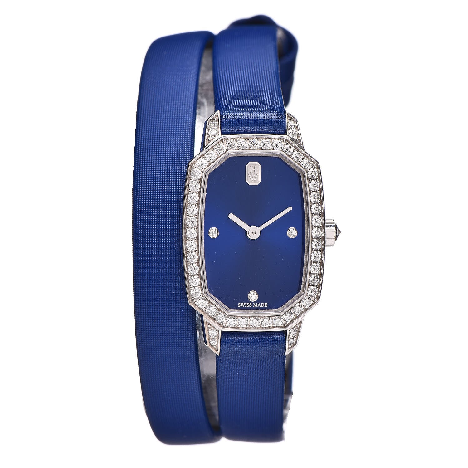 Harry Winston 18K White Gold Satin Diamond Bezel 17mm Emerald Quartz Watch Blue 1 of 10