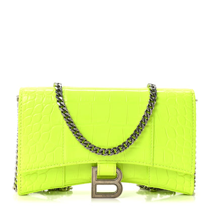 Balenciaga Shiny Calfskin Crocodile Embossed Hourglass Chain Bag Fluo Yellow 1 of 9