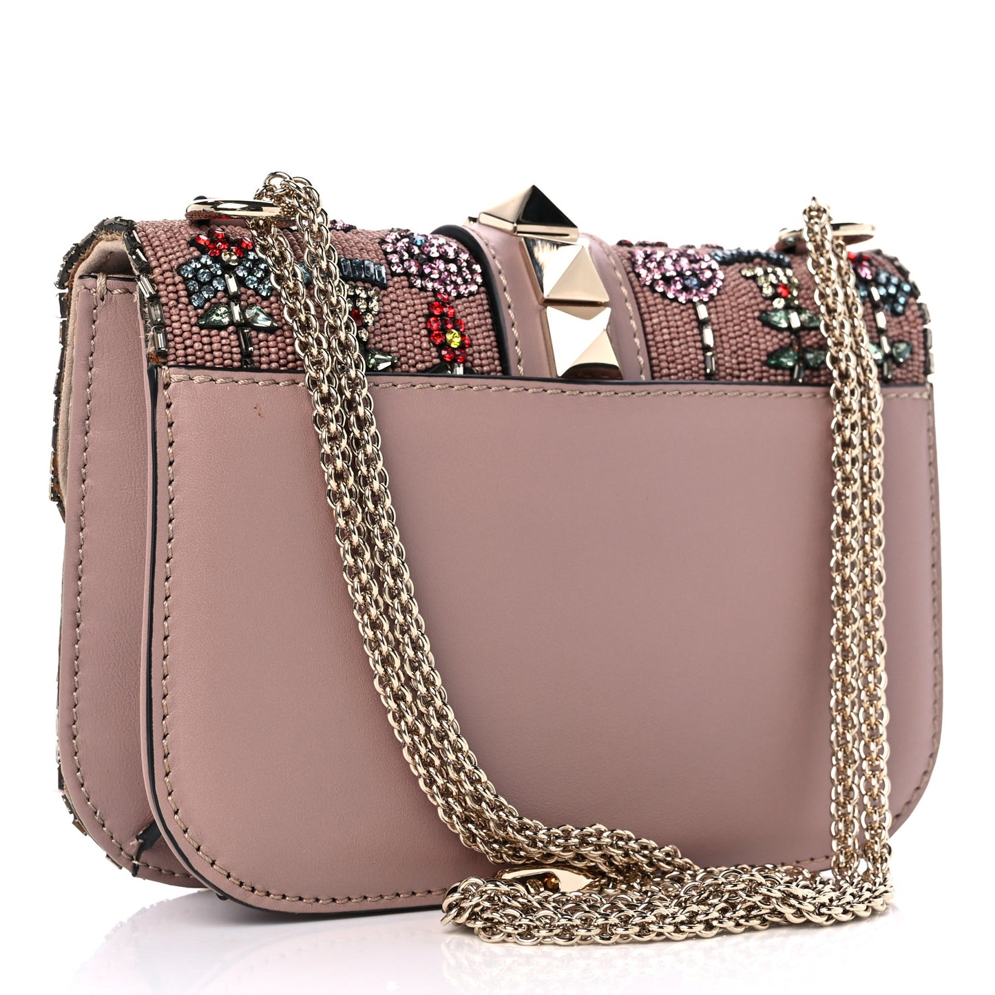 Vitello Beaded Small Glam Lock Rockstud Flap Poudre