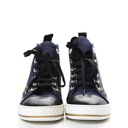 Chanel Fabric Lambskin Lace Up Cap Toe Sneakers 36.5 Navy Black 2 of 7